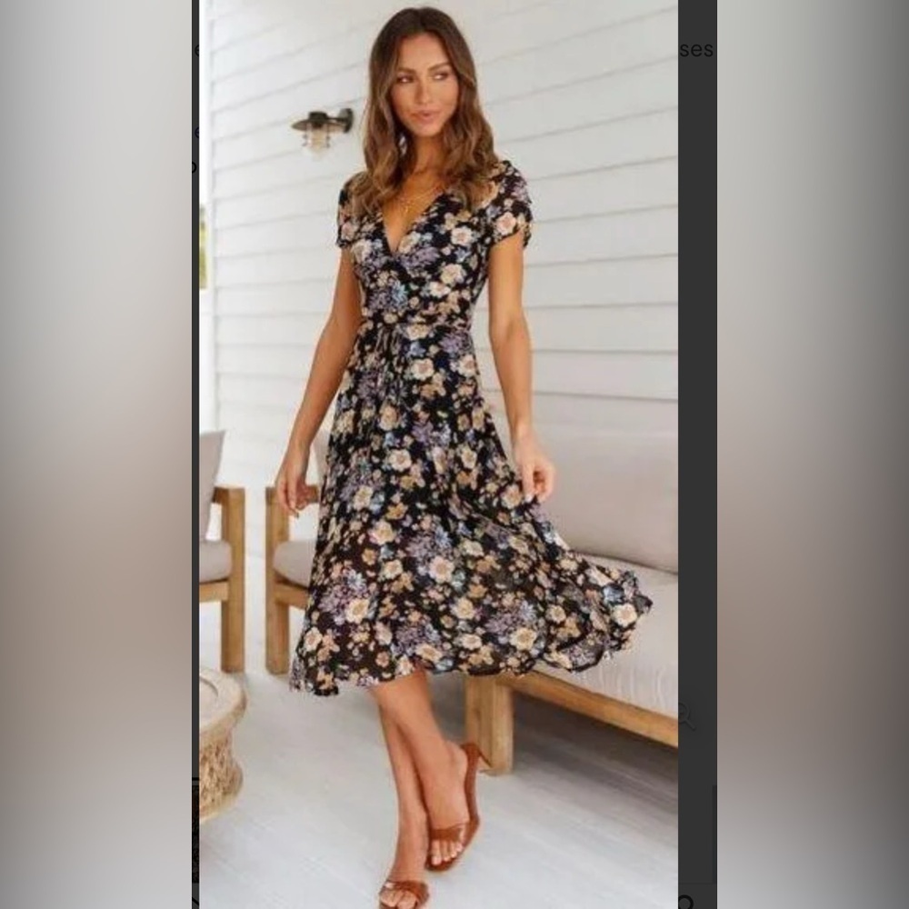 Hello Molly Black Floral V Neck Surplice Midi Dress Size 8
